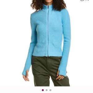 Ganni Ribbed Zip Cardigan Size Large Bachelor Blue Alpaca Wool Blend Super Soft